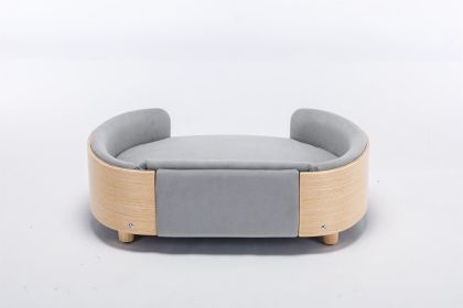 Scandinavian Style Elevated Pet Sofa With Solid Wood legs and Bent Wood Back, Velvet Cushion, Mid Size Light Grey