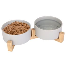 Double 28.7Oz Ceramic Pet Bowls with Wooden Stand Raised